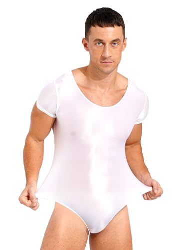 TiaoBug Herren ÖL Glanz Body Ärmellos/Kurzarm Bodysuit mit Bein Einteiler Kompression Unterwäsche Sport Trikot Leotard Weiß C XL von TiaoBug