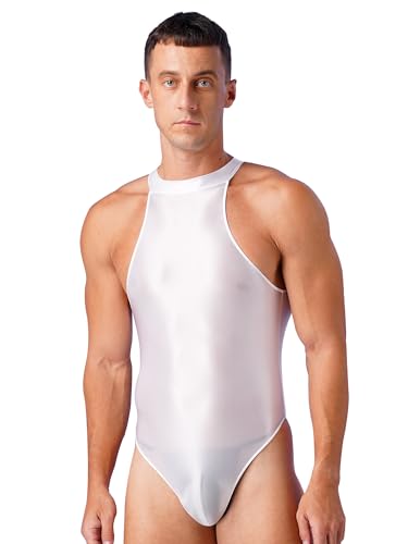 TiaoBug Herren ÖL Glanz Body Ärmellos/Kurzarm Bodysuit mit Bein Einteiler Kompression Unterwäsche Sport Trikot Leotard Weiß D XL von TiaoBug