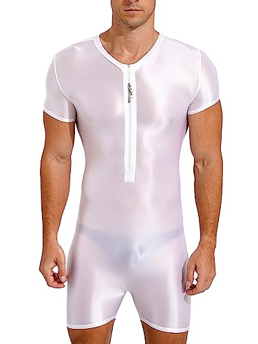 TiaoBug Herren ÖL Glanz Body Ärmellos/Kurzarm Bodysuit mit Bein Einteiler Kompression Unterwäsche Sport Trikot Leotard Weiß E M von TiaoBug