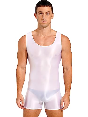 TiaoBug Herren ÖL Glanz Body Ärmellos/Kurzarm Bodysuit mit Bein Einteiler Kompression Unterwäsche Sport Trikot Leotard Weiß F L von TiaoBug