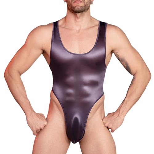 TiaoBug Herren ÖL Glanz Body Sport Tank Top Unterhemd mit Bulge Beutel Slip High Cut Thong Sommer Halb-Transparent Schlafoverall Gay Clubwear Grau Einheitsgröße von TiaoBug