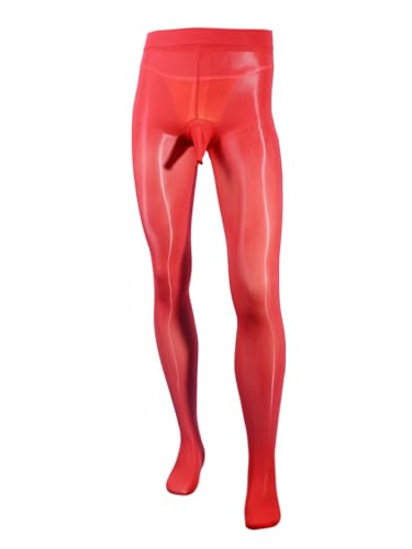 TiaoBug Herren ÖL Glanz Strumpfhose mit Bulge Pouch Pantyhose Stretch Leggings Lange Unterhosen Sissy Dessous Reizwäsche Stockings Rot XL von TiaoBug