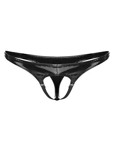 TiaoBug Herren Ouvert-Slip Wetlook Lack Leder String Tanga Unterwäsche Unterhosen Sissy Höschen Panties Offenes Hintern Männer Erotische Dessous Gogo Clubwear Schwarz F M von TiaoBug