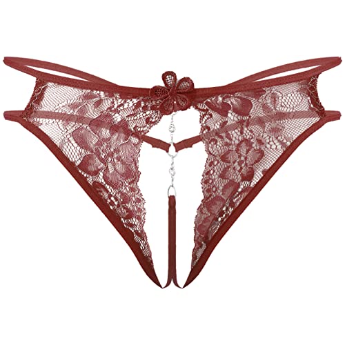 TiaoBug Herren Ouvert String Tanga Transparent Spitzen Slip Offener Schritt Sexy Unterwäsche mit Metall Penis Ring Fetisch Sexspielzeug Dunkelrot C Einheitsgröße von TiaoBug