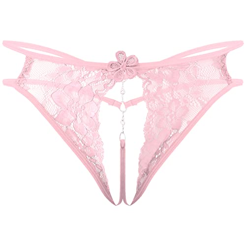 TiaoBug Herren Ouvert String Tanga Transparent Spitzen Slip Offener Schritt Sexy Unterwäsche mit Metall Penis Ring Fetisch Sexspielzeug Rosa C Einheitsgröße von TiaoBug