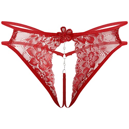 TiaoBug Herren Ouvert String Tanga Transparent Spitzen Slip Offener Schritt Sexy Unterwäsche mit Metall Penis Ring Fetisch Sexspielzeug Rot C Einheitsgröße von TiaoBug