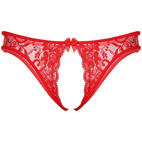 TiaoBug Herren Ouvert String Tanga Transparent Spitzen Slip Offener Schritt Sexy Unterwäsche mit Metall Penis Ring Fetisch Sexspielzeug Rot Offen Einheitsgröße von TiaoBug