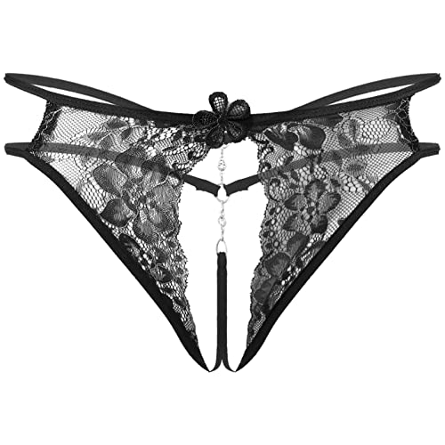 TiaoBug Herren Ouvert String Tanga Transparent Spitzen Slip Offener Schritt Sexy Unterwäsche mit Metall Penis Ring Fetisch Sexspielzeug Schwarz C Einheitsgröße von TiaoBug