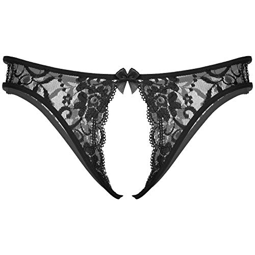 TiaoBug Herren Ouvert String Tanga Transparent Spitzen Slip Offener Schritt Sexy Unterwäsche mit Metall Penis Ring Fetisch Sexspielzeug Schwarz Offen Einheitsgröße von TiaoBug