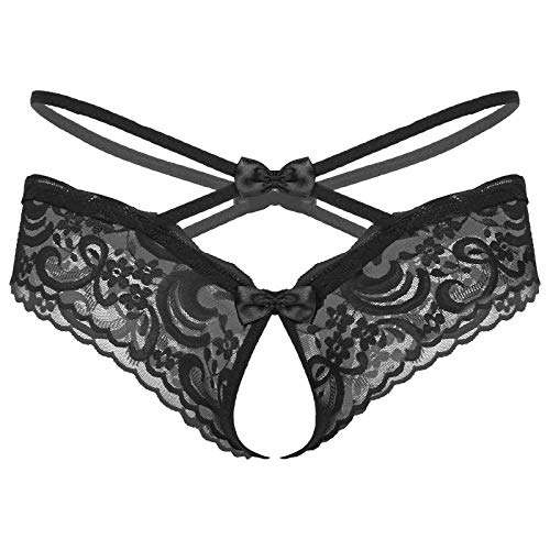 TiaoBug Herren Ouvert String Tanga Transparent Spitzen Slip Offener Schritt Sexy Unterwäsche mit Metall Penis Ring Fetisch Sexspielzeug Schwarz Ouvert Einheitsgröße von TiaoBug