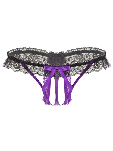 TiaoBug Herren Ouvert String Tanga Transparent Spitzen Slip Offener Schritt Sexy Unterwäsche mit Metall Penis Ring Fetisch Sexspielzeug Violett I Einheitsgröße von TiaoBug