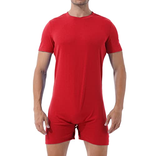 TiaoBug Herren Overalls Kurzarm Body Rundhals Unterhemd Boxer Shorts Unterhosen Männer Einteiler Stretch Unterwäsche Rot L von TiaoBug