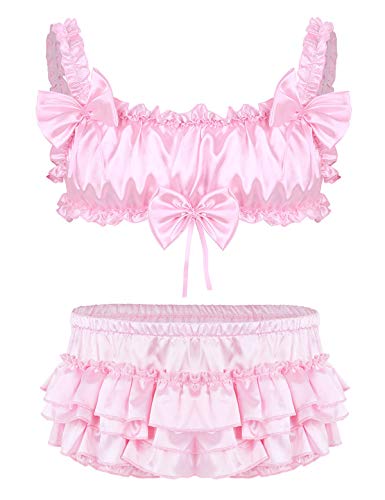 TiaoBug Herren Satin Sissy Bralette Crop Top mit Schleife Rüschen Höschen Panties Slip mit Raffung Barrock Crossdressing Kostüm Prinz Clubwear Rosa M von TiaoBug