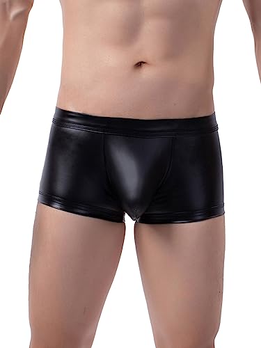 TiaoBug Herren Sexy Unterwäsche Männer Wetlook Leder Schwarz Unterhose Boxershort Trunks mit 2 Penisloch Kunstleder Kurze Hose Pants Offene Erotik sexy Shorts Schwarz C XXL von TiaoBug