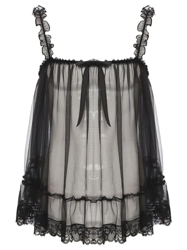 TiaoBug Herren Sissy Dessous Spagettiträger Kleider Top Satin Nachthemd Spitzen Unterwäsche Cosplay Rollenspiel Reizwäsche Schwarz F XXL von TiaoBug