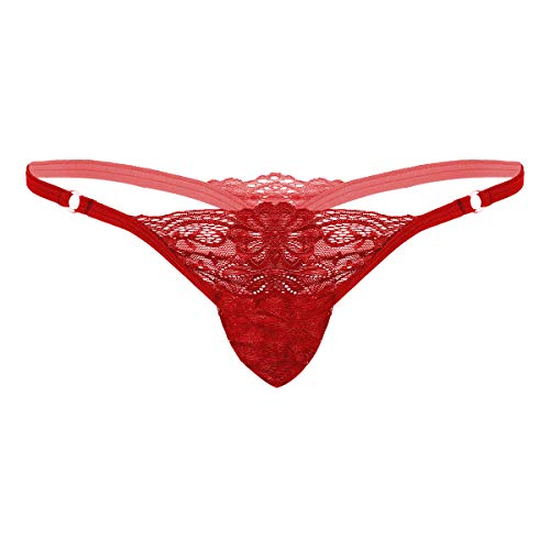 TiaoBug Herren Sissy Spitzen String Tanga Transparent Unterwäsche Micro Mini Slip Bulge Pouch Niedrige Taille Thong T-Hintern Reizwäsche Rot Einheitsgröße von TiaoBug