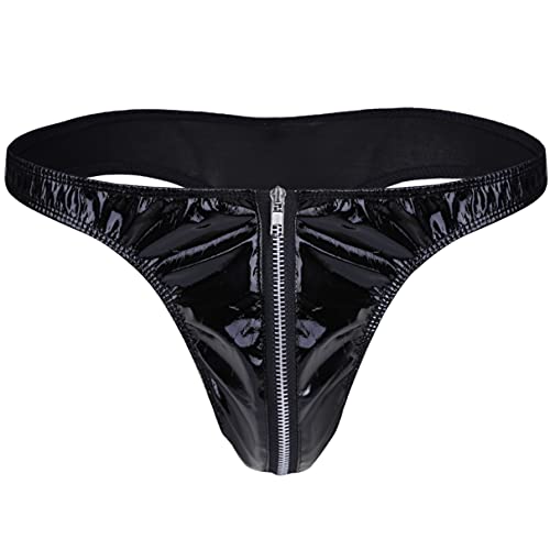 TiaoBug Herren Slip Tanga Unteräwsche Lederoptik Wetlook Männer Schwarz Unteräwsche Shorts Reißverschluss Unterhose Schwarz XXL von TiaoBug