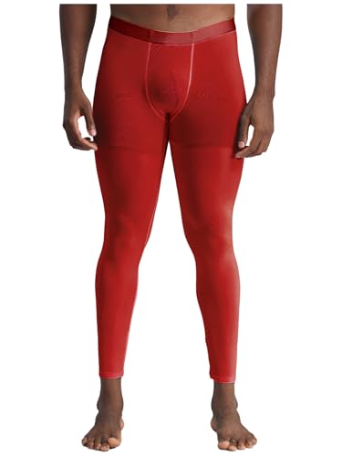TiaoBug Herren Sport Strumpfhose Kompression Unterwäsche Satin Lange Unterhose Bulge Beutel Leggings Stretch Tights Transparent Pantyhose Dessous Rot XL von TiaoBug