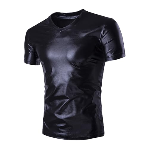 TiaoBug Herren T Shirt Wetlook Hemden Lack Leder Kurzarmshirts Rundhals/V-Ausschnitt Tops Sexy Glänzend Clubwear Schwarz D 3XL von TiaoBug