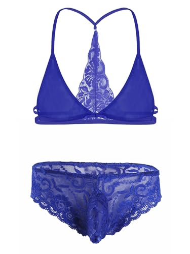 TiaoBug Herren Transparent BH und Jockstrap Ouvert-String Tanga Sexy Sissy Dessous Mann Mesh Bustier Spitzen Reizwäsche Gay Underwear Blau C L von TiaoBug