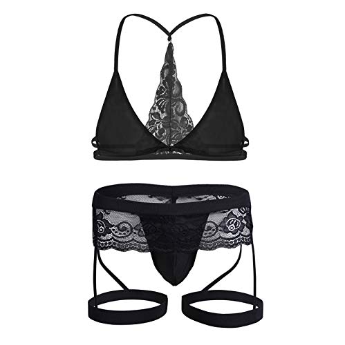 TiaoBug Herren Transparent BH und Jockstrap Ouvert-String Tanga Sexy Sissy Dessous Mann Mesh Bustier Spitzen Reizwäsche Gay Underwear Schwarz Strapse Set M von TiaoBug