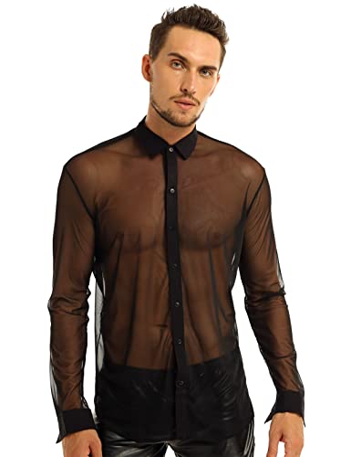 TiaoBug Herren Unterhemd Basic Langarm Shirt Slim fit Hemd T-Shirt Transparent Oberteile sexy Mesh Top Clubwear in Schwarz Weiß M-XL Schwarz Hemd XL von TiaoBug