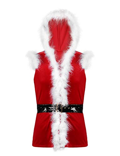 TiaoBug Herren Weihnachtsmann Weste Plüsch Jäckchen Top mit Kapuze Sexy Pullover Strickjacke Oberteile mit Ledergürtel Rot M von TiaoBug