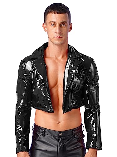 TiaoBug Herren Wetlook Anzug Jacke Lack Leder Langarm Jacke V-Ausschnitt mit Knopfeleiste Sakko Smoking Frack Party Hochzeit Clubwear Schwarz B 3XL von TiaoBug