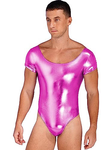 TiaoBug Herren Wetlook Body Lack Leder Bodysuit Kurzarm Rundhals Stringbody High Cut Thong Glänzend Einteiler Unterwäsche Sport Badeanzug Schwimmanzug Rose 3XL von TiaoBug