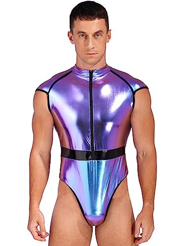 TiaoBug Herren Wetlook Body Lack Leder Ouvert Stringbody mit Durchgehendem Reisverschluss Männer Kurzes Overall Hoher Beinausschnitt Jumpsuit Clubwear Bunt E 4XL von TiaoBug