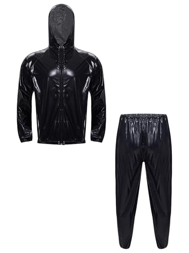 TiaoBug Herren Wetlook Jacke Kapuzenjacke mit Reisverschluss + Lange Lack Leder Hose Dehnbund Sporthose Jogginghose Jogger Pants Zweiteiler Sportbekleidung Set Schwarz M von TiaoBug