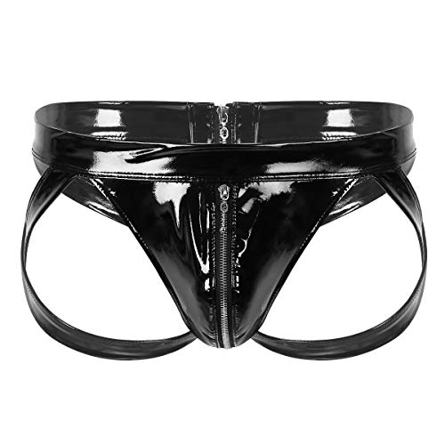 TiaoBug Herren Wetlook Jockstrap Slip Lack Leder String Tanga Ouvert Bulge Beutel mit Reisverschluss Männer Reizwäsche Clubwear Schwarz M von TiaoBug