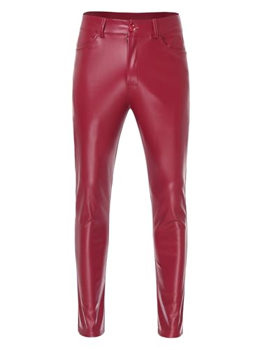 TiaoBug Herren Wetlook Lack Leder Hose lang Slim fit Stretch Kunstlederhose Anzughose mit Bügelfalte Metallic Leggings Tights Erotik Pants Motto Party Clubwear Rot 3XL von TiaoBug