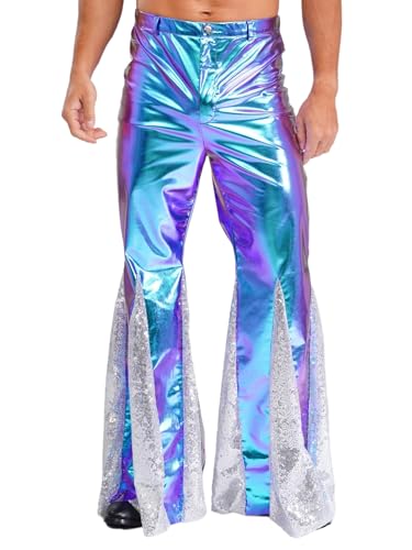 TiaoBug Herren Wetlook Leder Hose Pailletten Schlaghose Faschingskostüme Party Metallic Tanzhose Modern Pants Disco Outfits Clubwear Blau L von TiaoBug