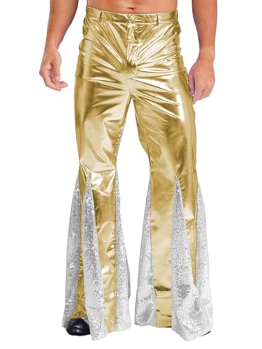 TiaoBug Herren Wetlook Leder Hose Pailletten Schlaghose Faschingskostüme Party Metallic Tanzhose Modern Pants Disco Outfits Clubwear Gold L von TiaoBug