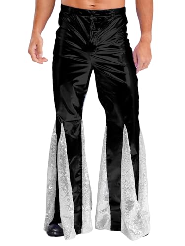 TiaoBug Herren Wetlook Leder Hose Pailletten Schlaghose Faschingskostüme Party Metallic Tanzhose Modern Pants Disco Outfits Clubwear Schwarz M von TiaoBug