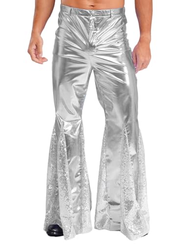 TiaoBug Herren Wetlook Leder Hose Pailletten Schlaghose Faschingskostüme Party Metallic Tanzhose Modern Pants Disco Outfits Clubwear Silber XXL von TiaoBug