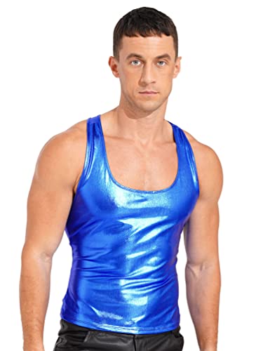 TiaoBug Herren Wetlook Tank Top Lack Leder Unterhemd Muskelshirt Ärmellos Sommer Weste Vest DJ Shirts Clubwear Königsblau H XL von TiaoBug