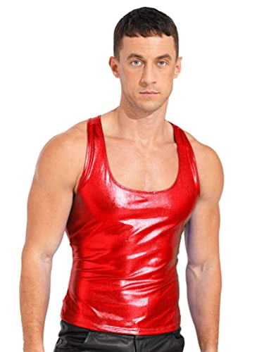 TiaoBug Herren Wetlook Tank Top Lack Leder Unterhemd Muskelshirt Ärmellos Sommer Weste Vest DJ Shirts Clubwear Rot H XL von TiaoBug