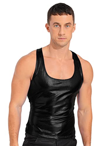 TiaoBug Herren Wetlook Tank Top Lack Leder Unterhemd Muskelshirt Ärmellos Sommer Weste Vest DJ Shirts Clubwear Schwarz H XL von TiaoBug