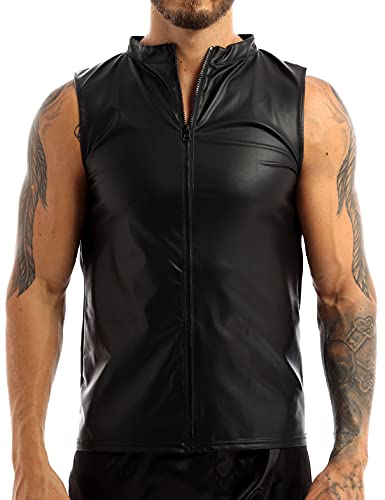 TiaoBug Herren Wetlook Tank Top Lack Leder Unterhemd Muskelshirt Ärmellos Sommer Weste Vest DJ Shirts Clubwear Schwarz L von TiaoBug