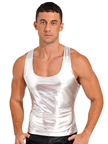 TiaoBug Herren Wetlook Tank Top Lack Leder Unterhemd Muskelshirt Ärmellos Sommer Weste Vest DJ Shirts Clubwear Silber H XL von TiaoBug