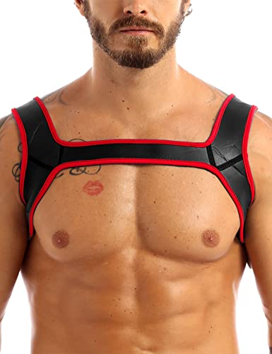 TiaoBug Herren Wetlook Unterwäsche Männer Brust Harness Neoprene Harness Lack Leder Weste Ringer Shirt mit Streifen sexy Tops Clubwear Rot L von TiaoBug