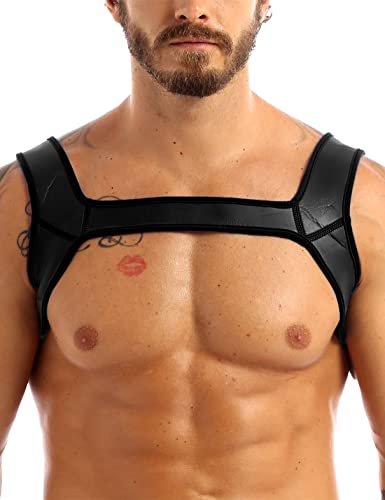 TiaoBug Herren Wetlook Unterwäsche Männer Brust Harness Neoprene Harness Lack Leder Weste Ringer Shirt mit Streifen sexy Tops Clubwear Schwarz L von TiaoBug