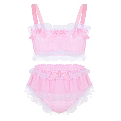 TiaoBug Herren Zweiteiliger Satin Schlafanzug kurz Sissy Pyjama Set Tank Tops Oberteil Spitzen Höschen Slips Männer Erotik Dessous Cosplay Kleidung Rosa B XXL von TiaoBug