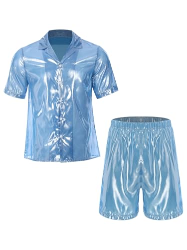 TiaoBug Herren Zweiteiliger Schlafanzug Kurz Wetlook Pyjama Set mit Knopfleiste Kurzarm Hemd + Sommer Shorts Transparent Lack Leder Nachtwäsche Himmelblau 3XL von TiaoBug