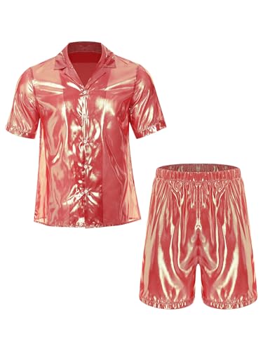 TiaoBug Herren Zweiteiliger Schlafanzug Kurz Wetlook Pyjama Set mit Knopfleiste Kurzarm Hemd + Sommer Shorts Transparent Lack Leder Nachtwäsche Hot Pink 3XL von TiaoBug