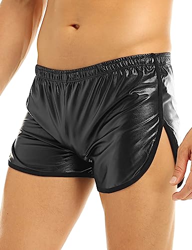 TiaoBug Herren lässig Boxershorts Wetlook Unterwäsche Kurze Hose Pants Briefs Kunstleder Trunks mit Tasche Seiten Schlitz locker Laufhose Fitness Hose Clubwear M-XXL Schwarz M von TiaoBug