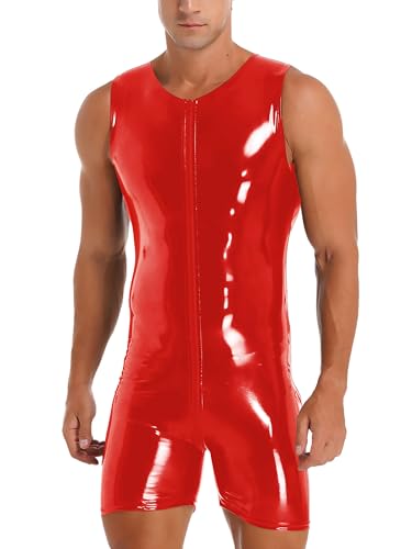 TiaoBug Herrenbody Wetlook Bodysuit Herren Body Unterwäsche mit Bein Boxer Slip Schwarz Erotik Kleidung Dessous Clubwear Rot F 4XL von TiaoBug