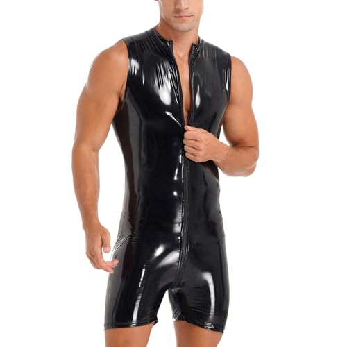 TiaoBug Herrenbody Wetlook Bodysuit Herren Body Unterwäsche mit Bein Boxer Slip Schwarz Erotik Kleidung Dessous Clubwear Schwarz F L von TiaoBug